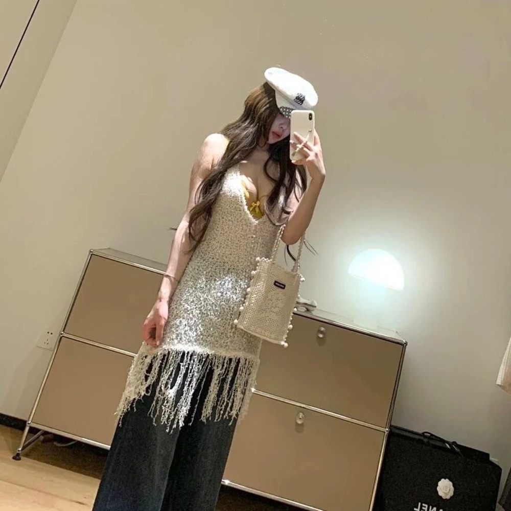 Textured Knit Fringe Fringe Halter Top Open Back Adjustable Strap Cream Dress
